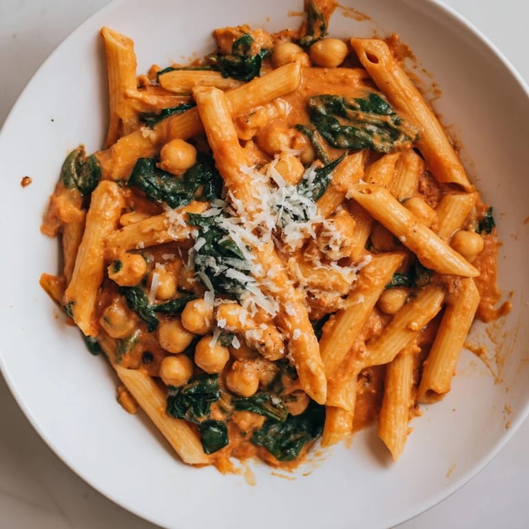 Dinner is ready: Creamy Tuscan Chickpea Pasta tossed with al dente pasta and chickpeas.