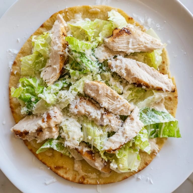 Freshly baked Chicken Caesar Flatbread with tender chicken, tangy dressing, and vibrant romaine for an easy appetizer.