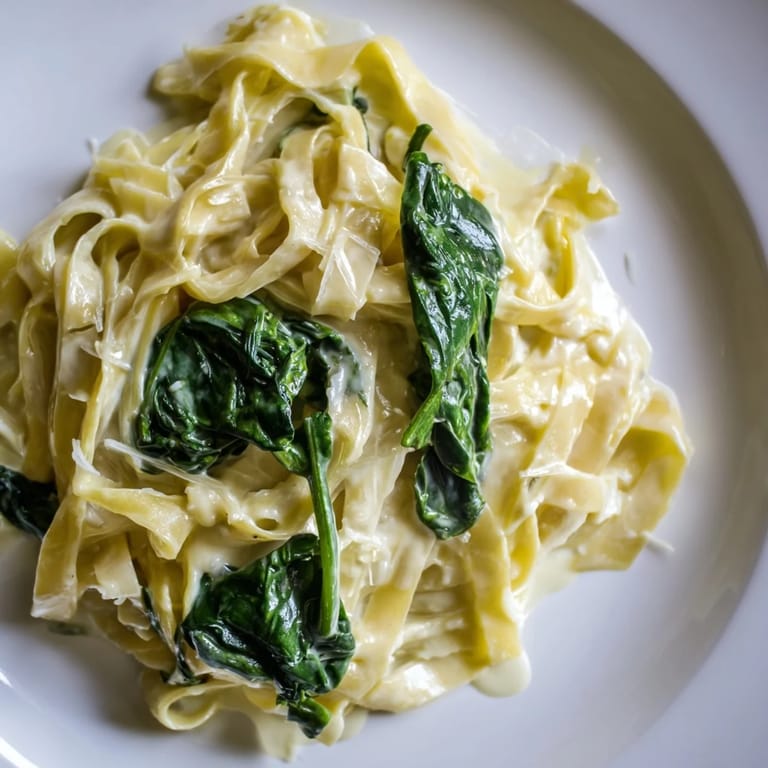 A close-up of Creamy Garlic Spinach Pasta, showing tender spinach leaves folded into a luscious, velvety garlic cream sauce over al dente noodles.