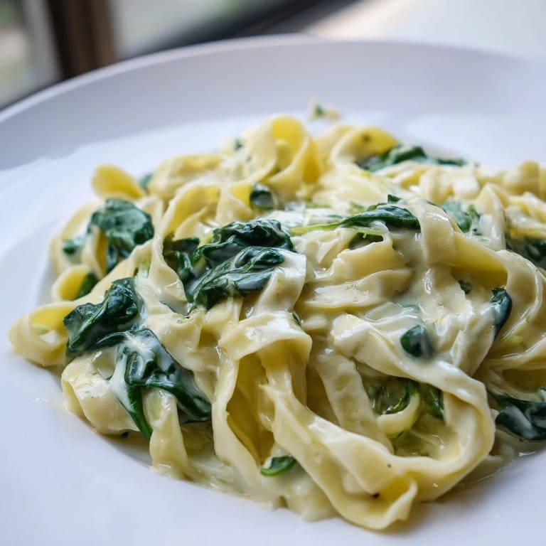 Overhead view of a skillet of Creamy Garlic Spinach Pasta, ready to serve, with steam rising and a sprinkle of grated Parmesan on top.