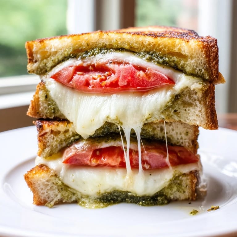 A close-up shows the Caprese Pesto Grilled Cheese, sliced to reveal layered mozzarella and tomato on garlic-scented sourdough.