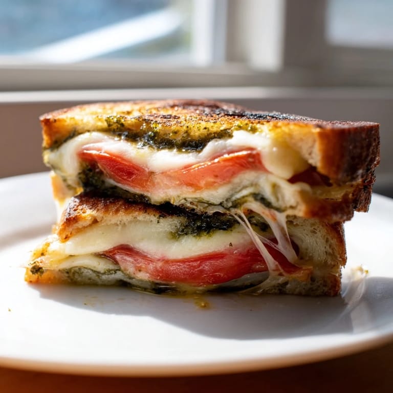 Fresh basil leaves garnish the crispy, buttery Caprese Pesto Grilled Cheese, served warm on a rustic wooden board.