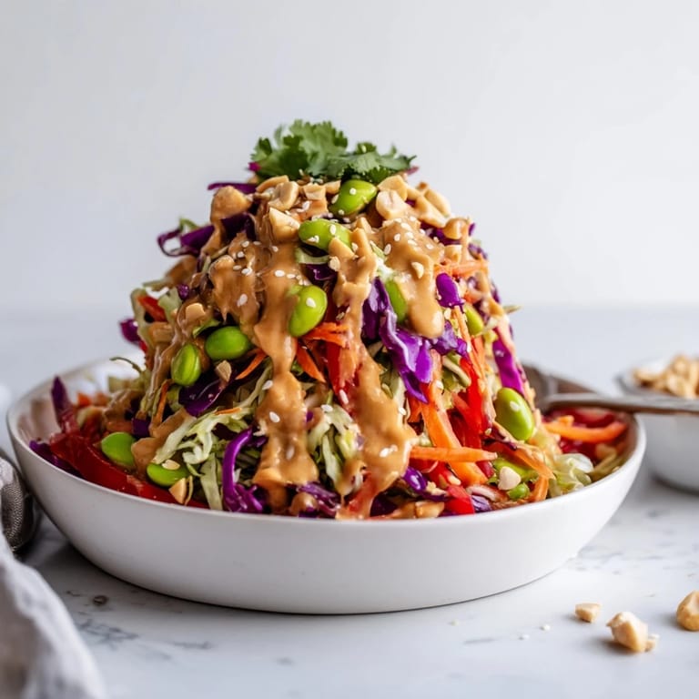 Overhead view of a colorful Thai Peanut Salad with shredded purple and green cabbage, carrots, and edamame, topped with chopped peanuts and sesame seeds.