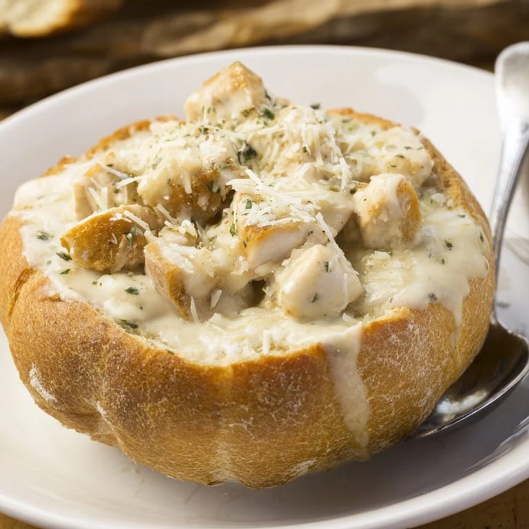 Freshly baked bread bowl filled with saucy chicken Alfredo, garnished with parsley and extra Parmesan, ready to serve.  