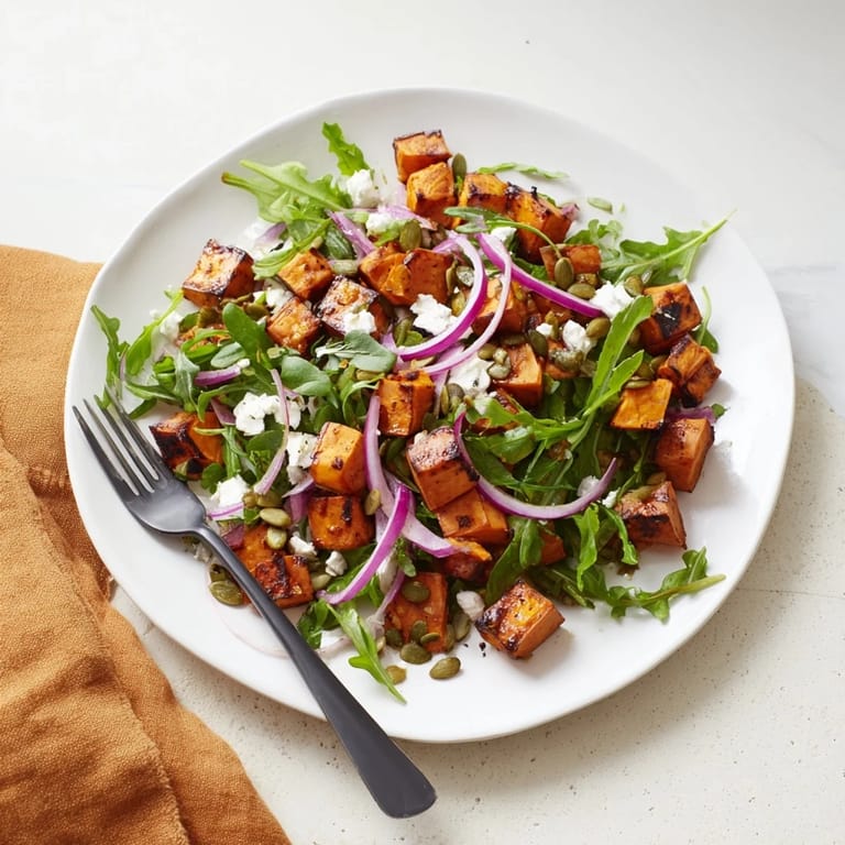 Hearty roasted sweet potato salad in a white bowl, topped with crumbled feta and red onion.