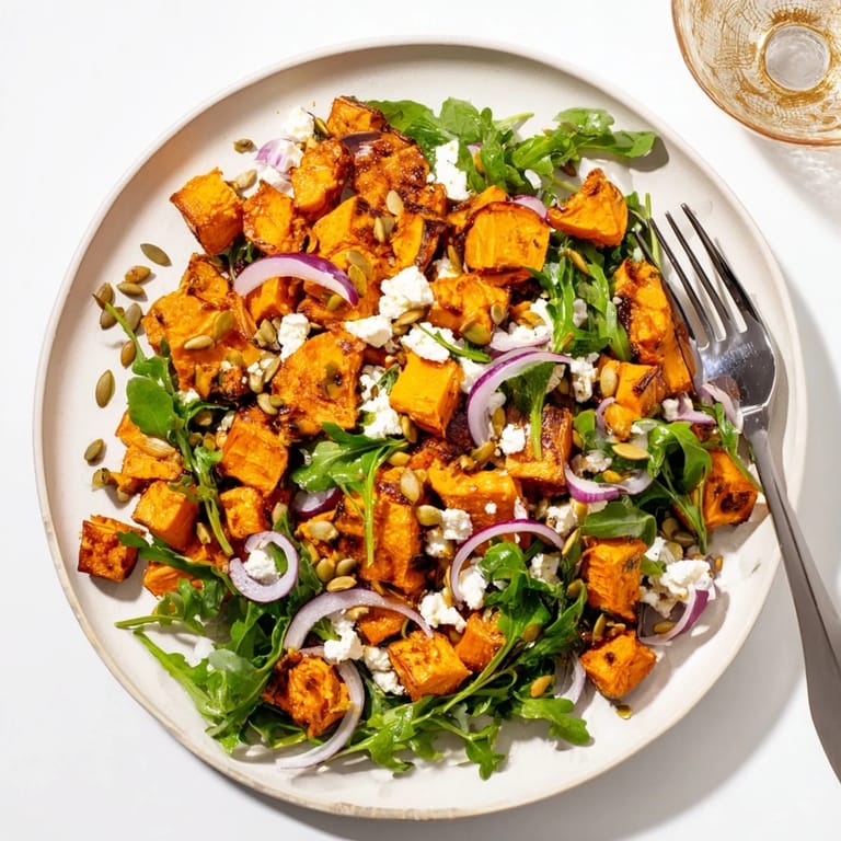 Vibrant roasted sweet potato salad with arugula, feta, and honey-lime dressing ready for a light lunch.