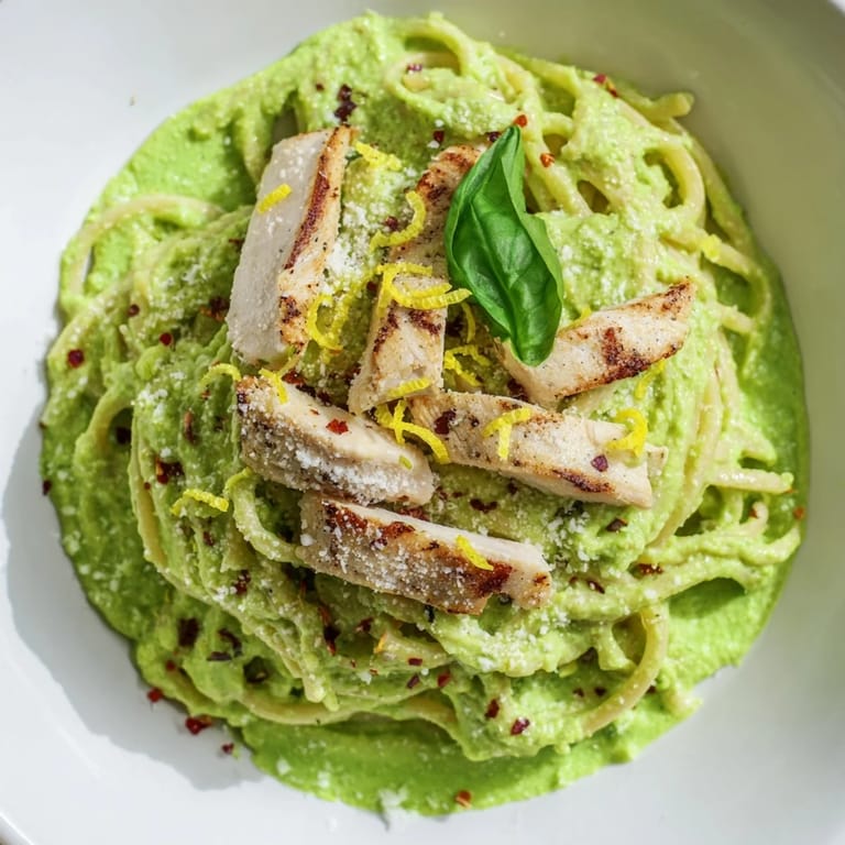 A close-up of Creamy Avocado Chicken Pasta, highlighting smooth avocado sauce clinging to al dente noodles, with juicy chicken slices and a sprinkle of Parmesan.