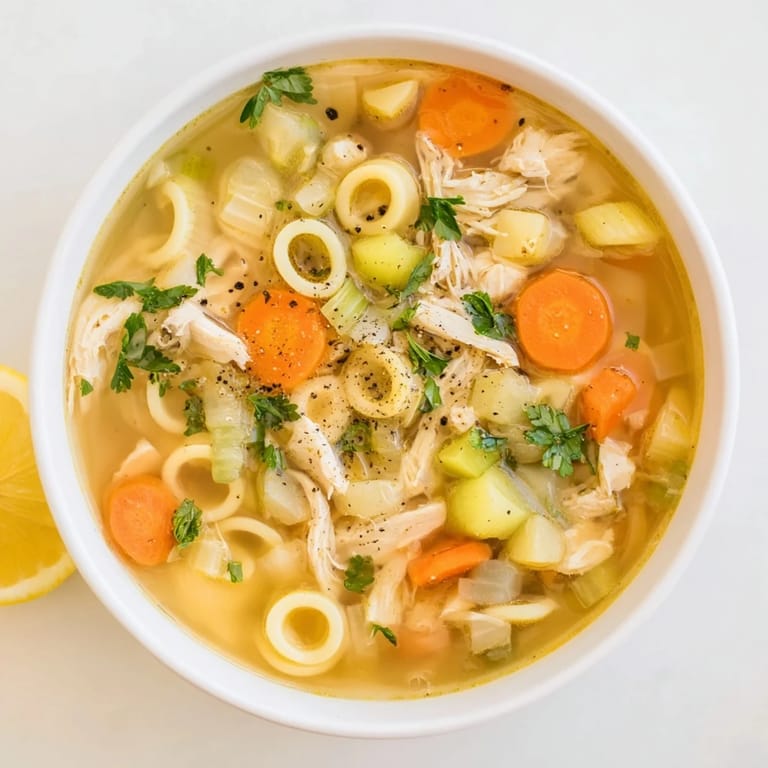 A close-up of Lemon Pepper Chicken Orzo Soup garnished with fresh parsley, lemon wedges, and grated Parmesan.  