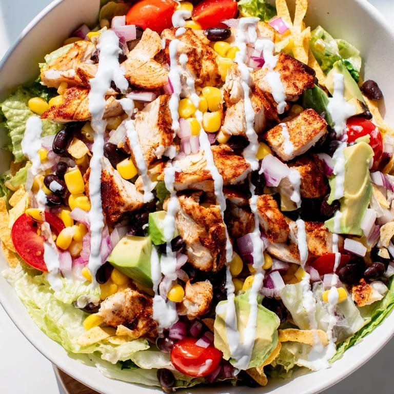 Freshly tossed Chicken Taco Chopped Salad with juicy taco-seasoned chicken, crunchy tortilla chips, cherry tomatoes, red onion, and shredded cheddar, ready to serve on a wooden table.  