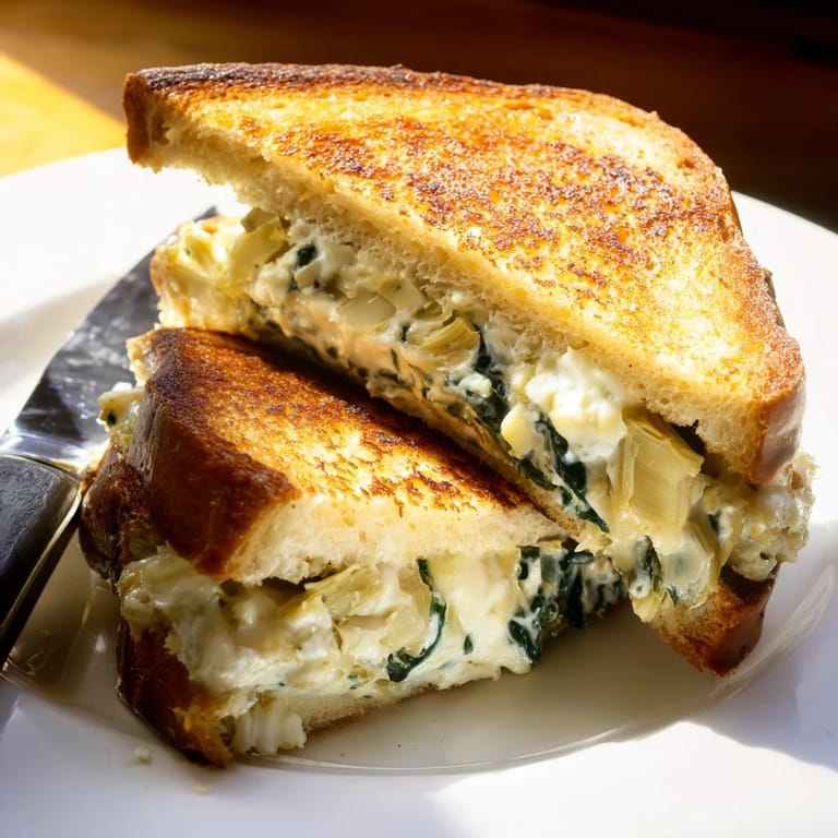 Close-up of Artichoke Spinach Grilled Cheese showing gooey, melted filling between buttery, crunchy bread slices.