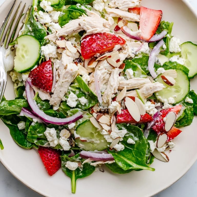 Freshly tossed Strawberry Poppy Seed Chicken Salad featuring shredded chicken, strawberries, cucumbers, and tangy poppy seed dressing in a rustic bowl.