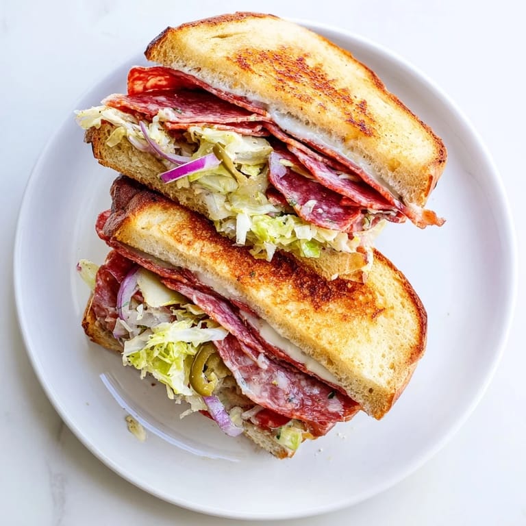 A warm Italian Sub Grilled Cheese is cut in half, revealing layers of pepperoni, salami, and a creamy lettuce topping.