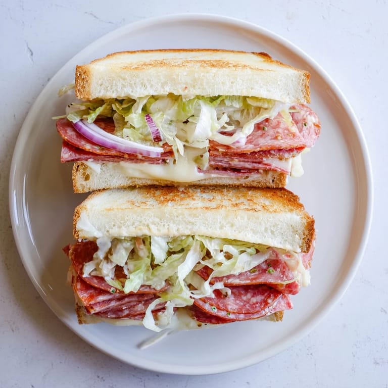 A close-up of an Italian Sub Grilled Cheese shows melted provolone oozing from crusty, buttery bread with colorful cold cuts.