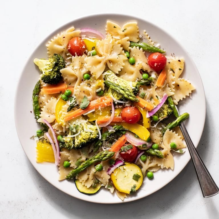Overhead view of a family-style serving of Rainbow Veggie Pasta Primavera, garnished with fresh basil and grated Parmesan, ready for a healthy weeknight meal.