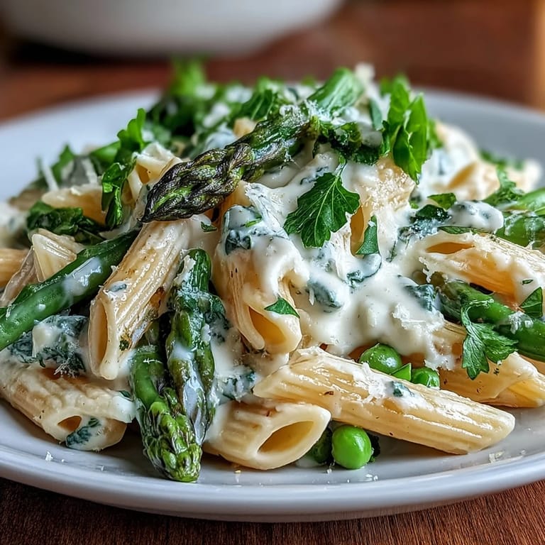 Garlic Parmesan Spring Vegetable Pasta served family-style, twirled on a fork with fresh basil and lemon zest, revealing tender spring vegetables in every bite.