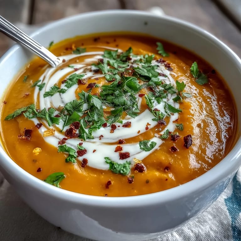Comforting Carrot Celeriac Chilli Soup, topped with fresh coriander and creamy swirl.