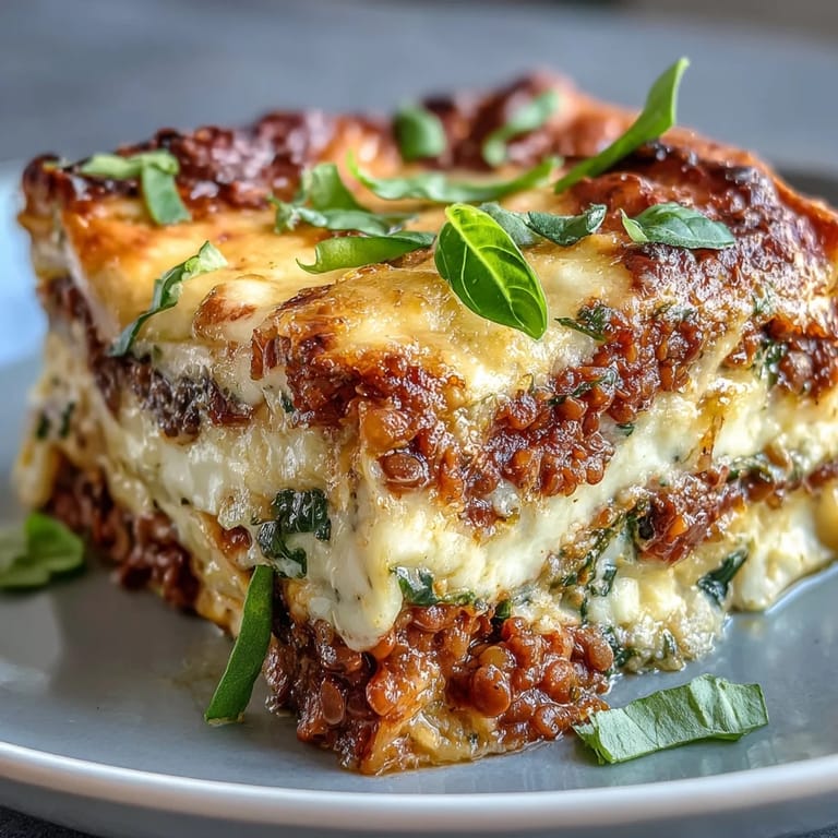 Hearty One-Pan Smoky Veggie Lentil Lasagne ready to serve with fresh basil garnish.