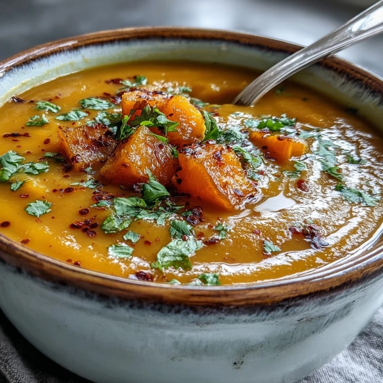 Golden Butternut Squash and Lentil Soup, warming spices, perfect for chilly evenings.