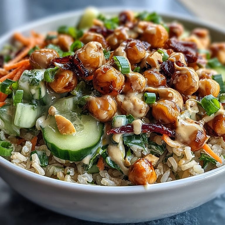 Savory Peanut Chickpea Rice Bowl on brown rice, ready to be devoured.