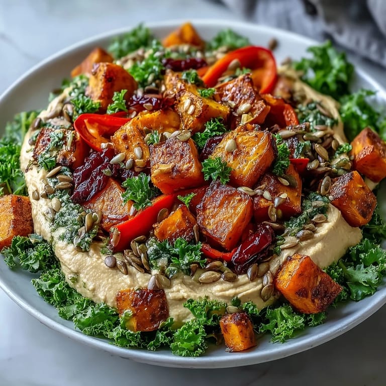 Roasted butternut squash and sweet potatoes highlight this vibrant Roast Squash and Hummus Winter Salad.