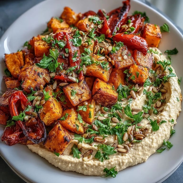 Creamy chickpea hummus topped with tender roasted vegetables for this Roast Squash and Hummus Winter Salad.