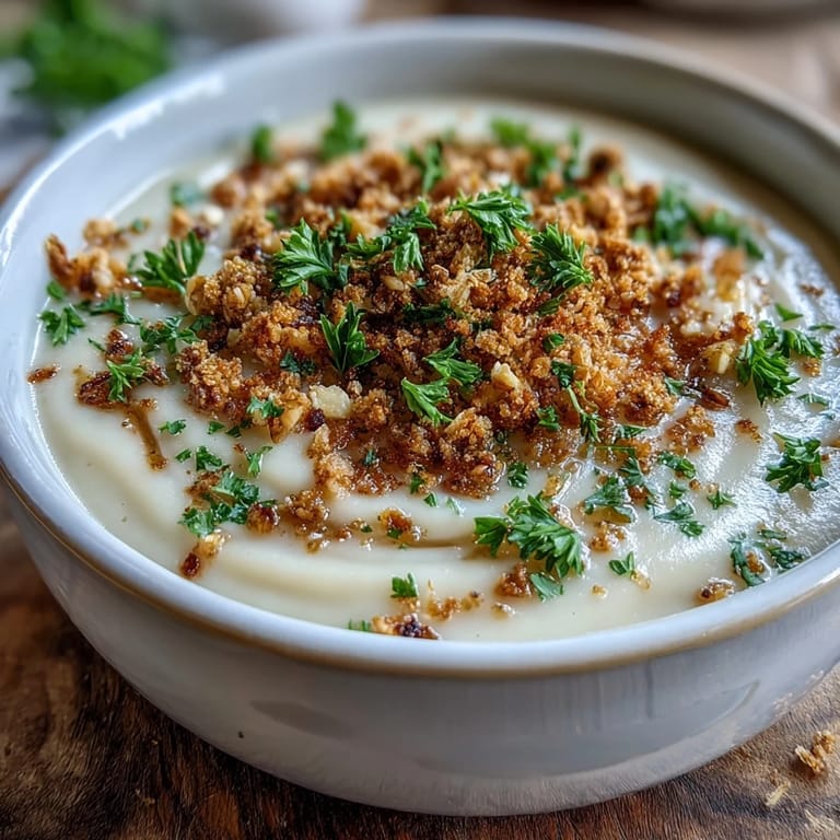 Velvety roasted celeriac soup, richly textured with toasted hazelnut crumble.