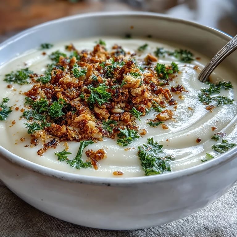 Golden celeriac soup garnished generously with hazelnut crumble for dinner.