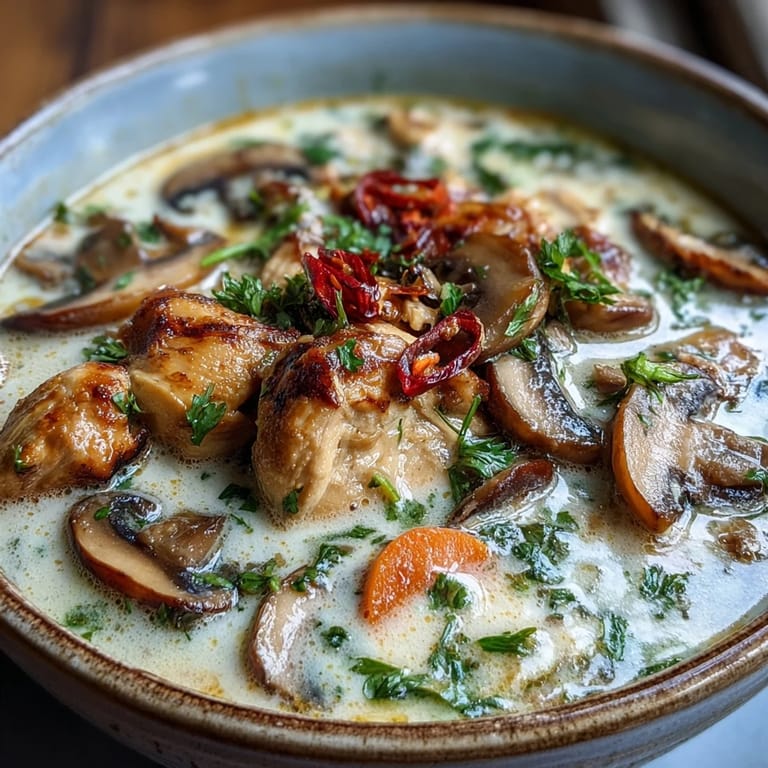 Thai Coconut Curry Soup in a white bowl reveals rich coconut curry broth with chicken, mushrooms, and carrots, garnished with cilantro and red chili slices, ideal for a cozy dinner.