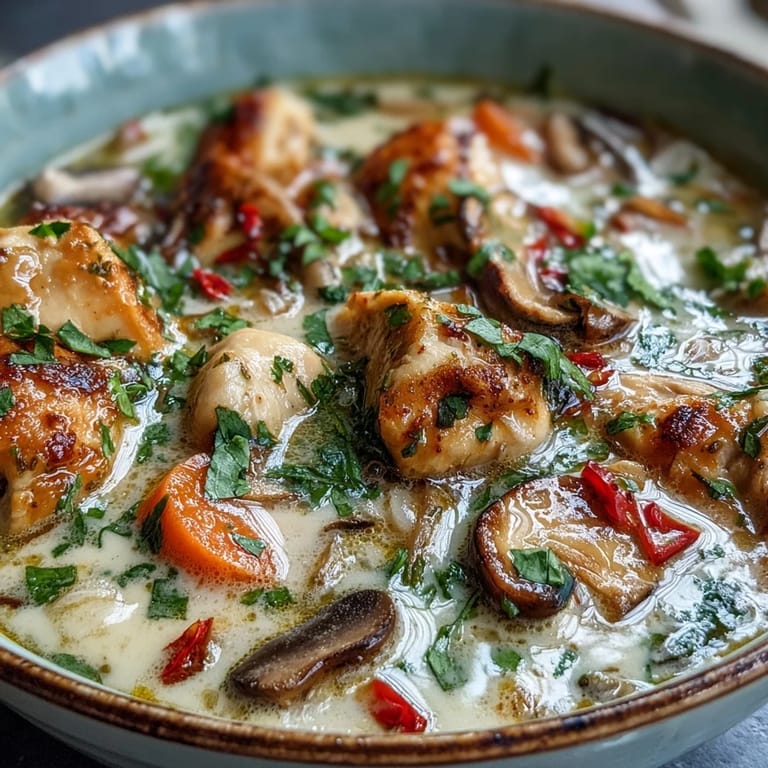 Overhead shot of Thai Coconut Curry Soup served with jasmine rice, fresh cilantro, lime wedges, and vibrant red chili slices, highlighting the creamy texture and colorful vegetables in the bowl.