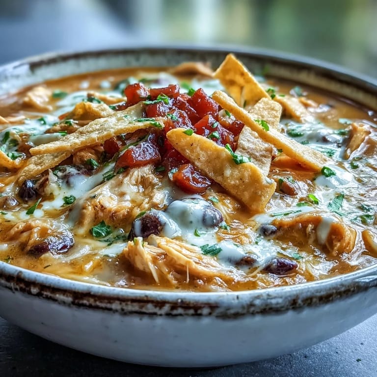Spicy Easy Chicken Tortilla Soup simmered with Rotel tomatoes, black beans, and corn, served with melted cheddar and jalapeños.