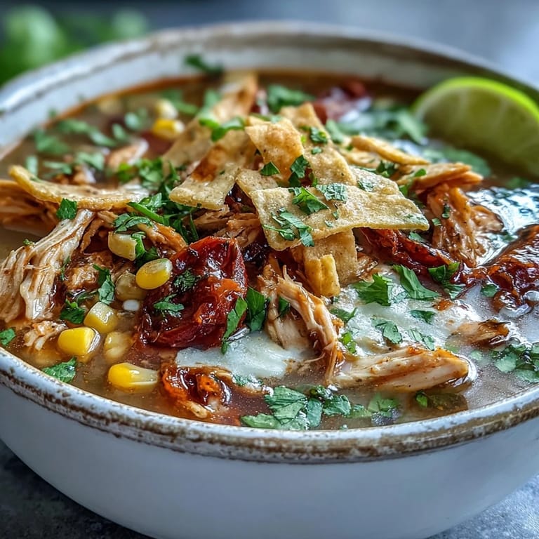 Best Chicken Tortilla Soup simmering with tender chicken, fire-roasted tomatoes, and sweet corn in a rustic pot.