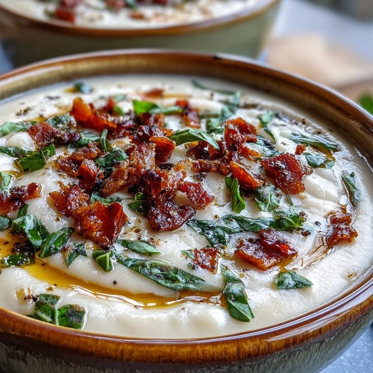 A close-up of Creamy Tuscan White Bean Soup reveals velvety texture with sun-dried tomatoes and melted Parmesan on top.  