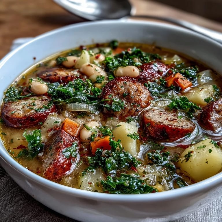 Serving of hot Tuscan White Bean Sausage Soup topped with grated Parmesan cheese and a sprig of fresh basil, ready to eat.