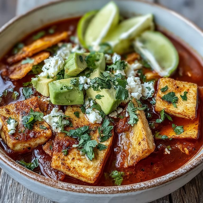 Bowl of Sopa Azteca topped with creamy panela cheese, diced avocado, and fresh cilantro