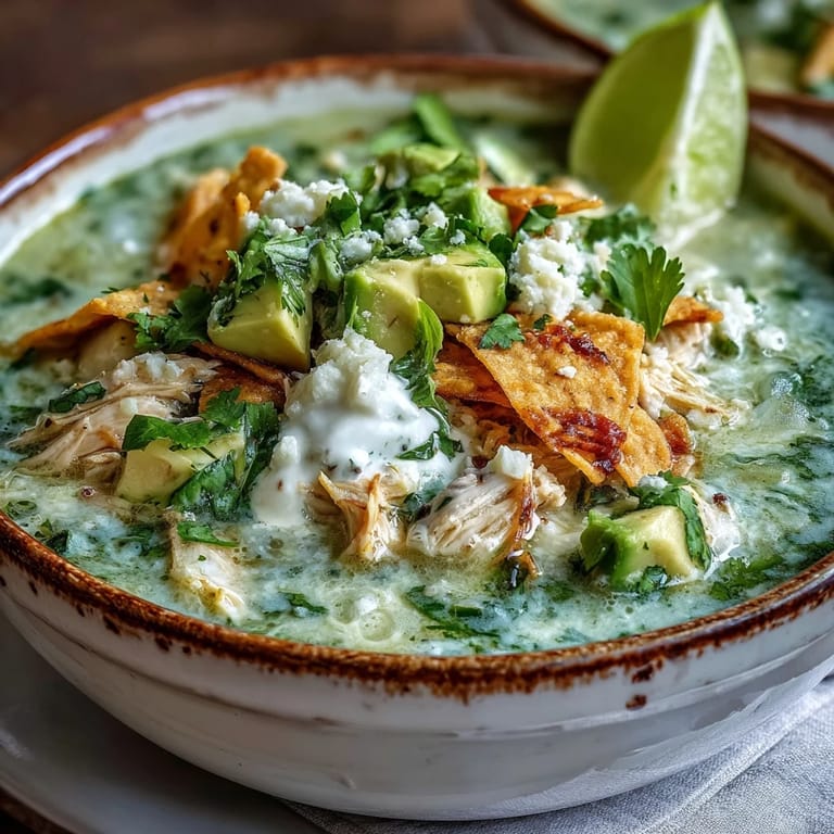 Creamy Chicken Tortilla Soup steaming beside tortilla chips and avocado, a quick and easy weeknight family dinner.