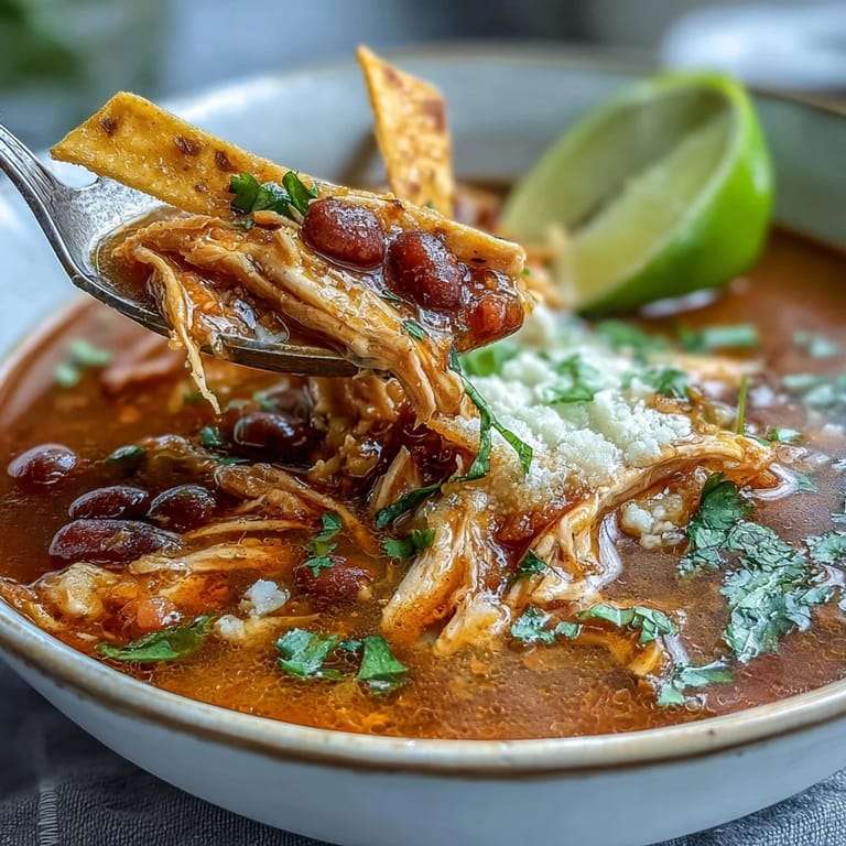 A ladle of Chicken Tortilla Soup filled with tender chicken, pinto beans, and corn in a rich tomato broth.