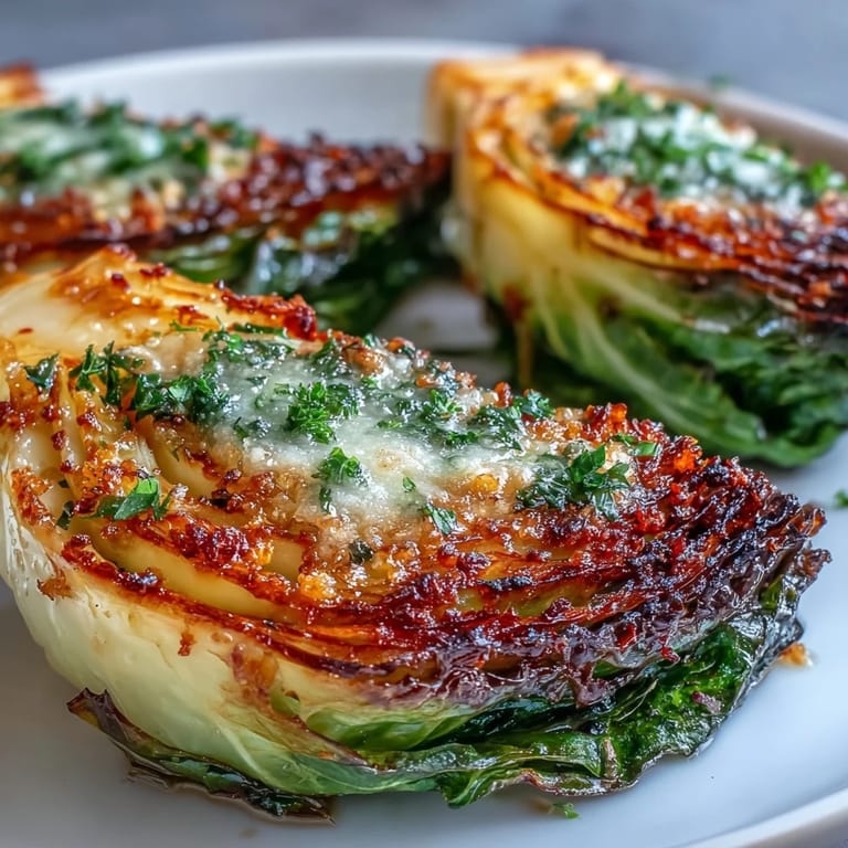 Easy vegetarian Roasted Garlic Parmesan Cabbage Wedges with smoky paprika, arranged hot on a plate ready for a weeknight dinner.
