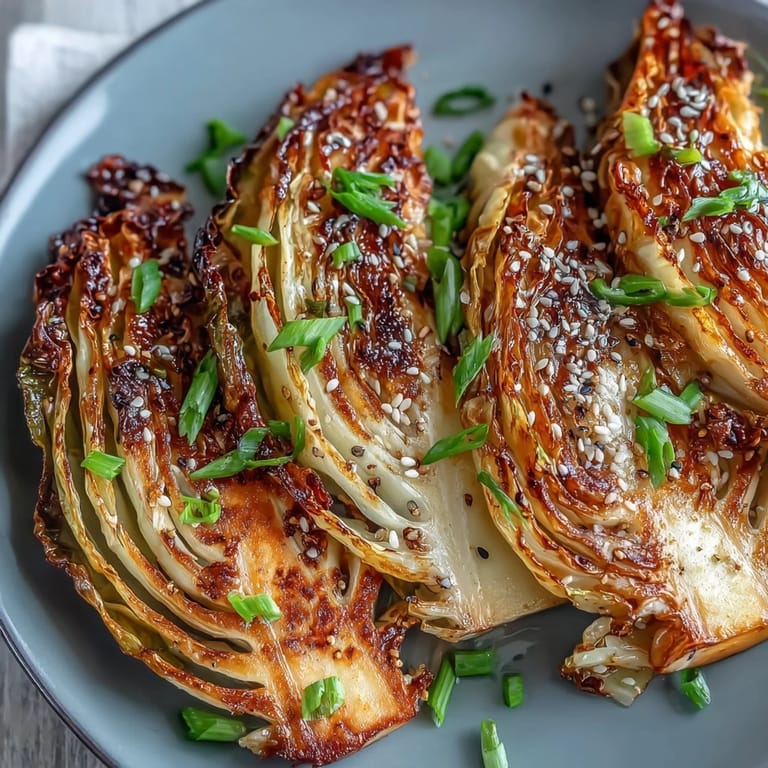 Miso Butter Roasted Cabbage Wedges served hot on a platter with green onions.