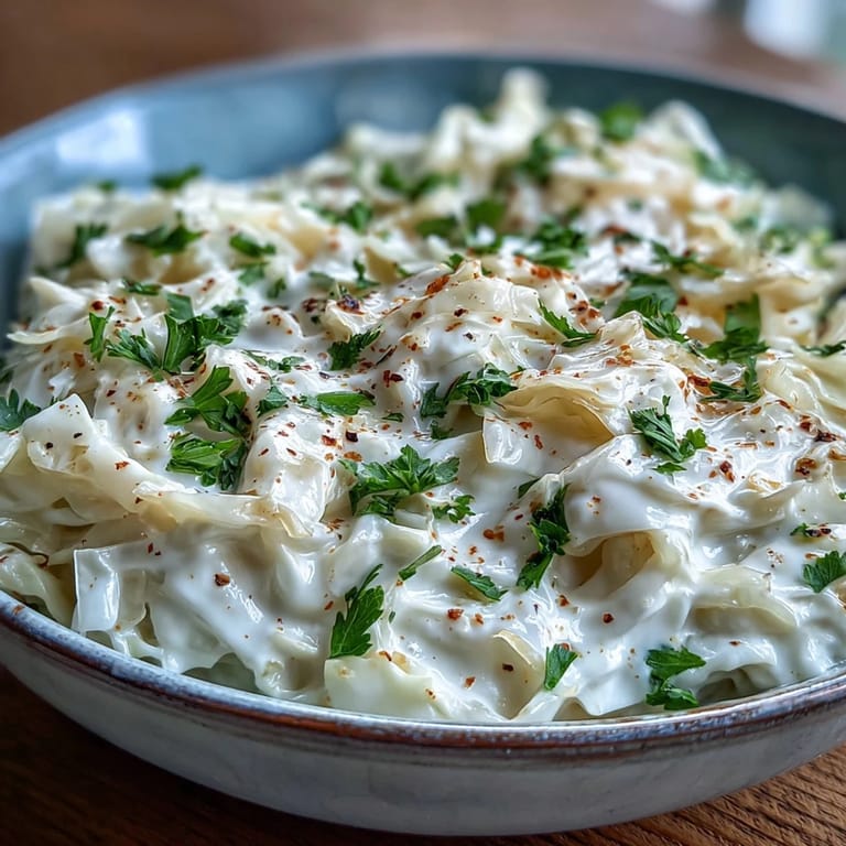 Sautéed cabbage tossed in a rich, creamy sauce with nutmeg, shown in a rustic skillet.