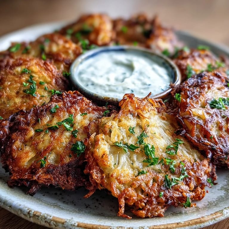 Freshly fried Cabbage Fritters With Dipping Sauce are ready to eat, served warm alongside a creamy yogurt sauce.