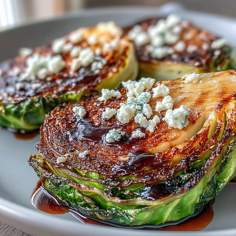 Sliced Crispy Cabbage Steaks With Feta and Balsamic garnished with fresh parsley and lemon zest on a white plate.