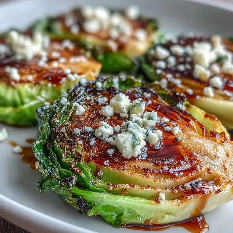 Crispy Cabbage Steaks With Feta and Balsamic served warm as a Mediterranean side dish with a drizzle of balsamic glaze.