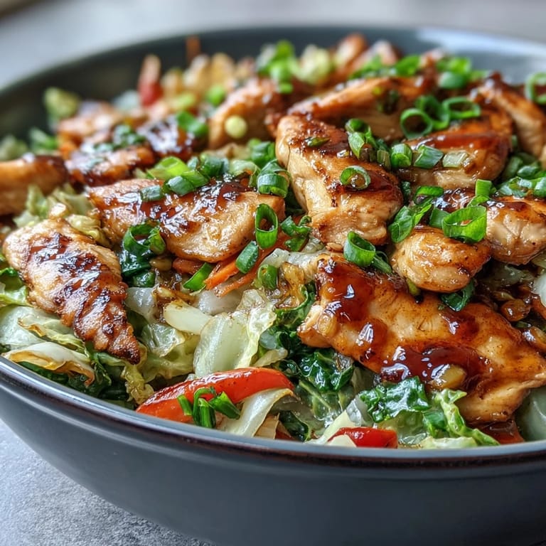 A hot wok filled with Chicken Cabbage Stir-Fry, featuring red bell peppers and fresh green onions.