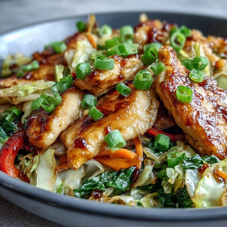 Overhead view of a plated Chicken Cabbage Stir-Fry, served with fluffy jasmine rice for dinner.
