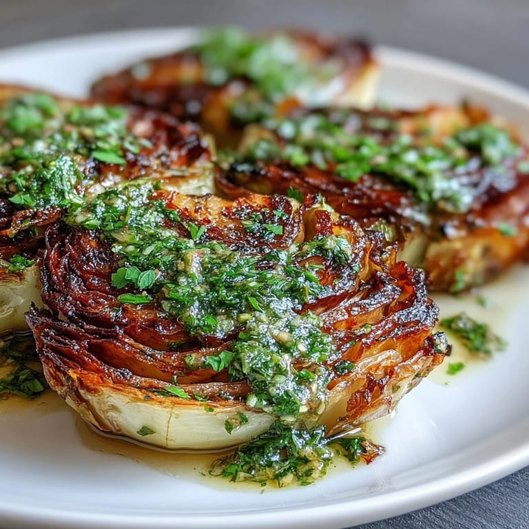 Roasted cabbage steaks with spicy green chimichurri sauce, ready to serve alongside grains.