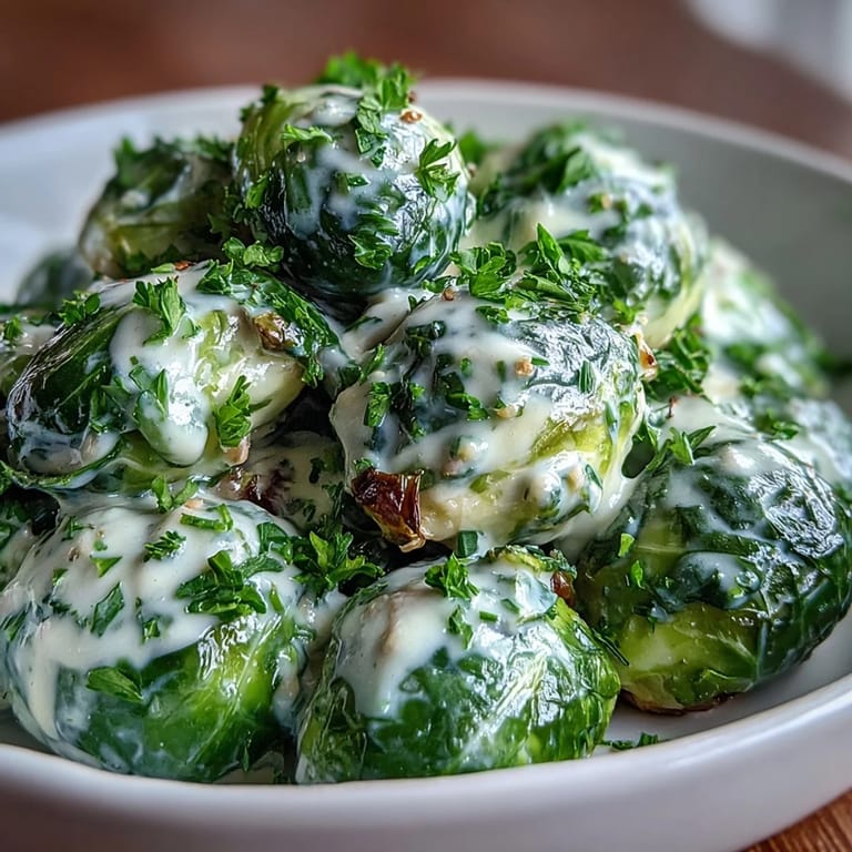 A skillet of Brussels sprouts in cream cheese-mustard sauce glistens, ready to pair with mashed potatoes for dinner.