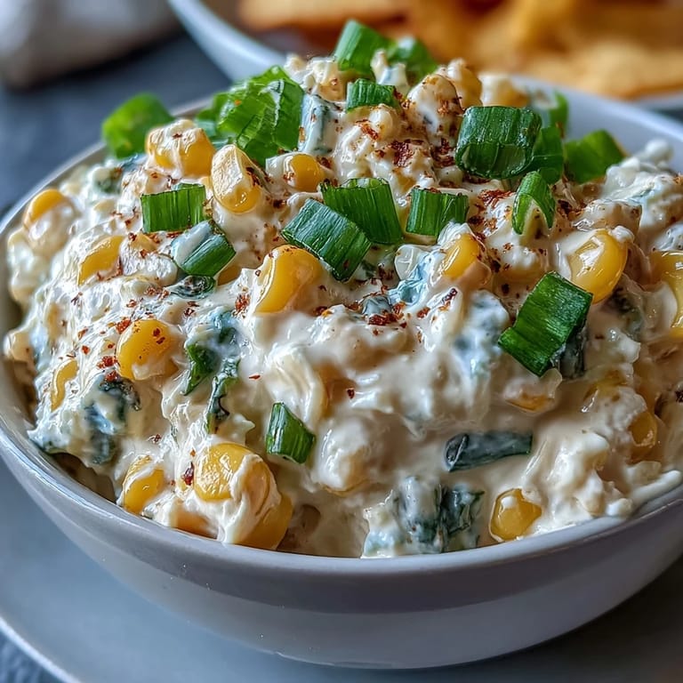 Golden brown Crack Corn Dip is spooned from a baking dish, topped with green onions, beside crispy tortilla chips.