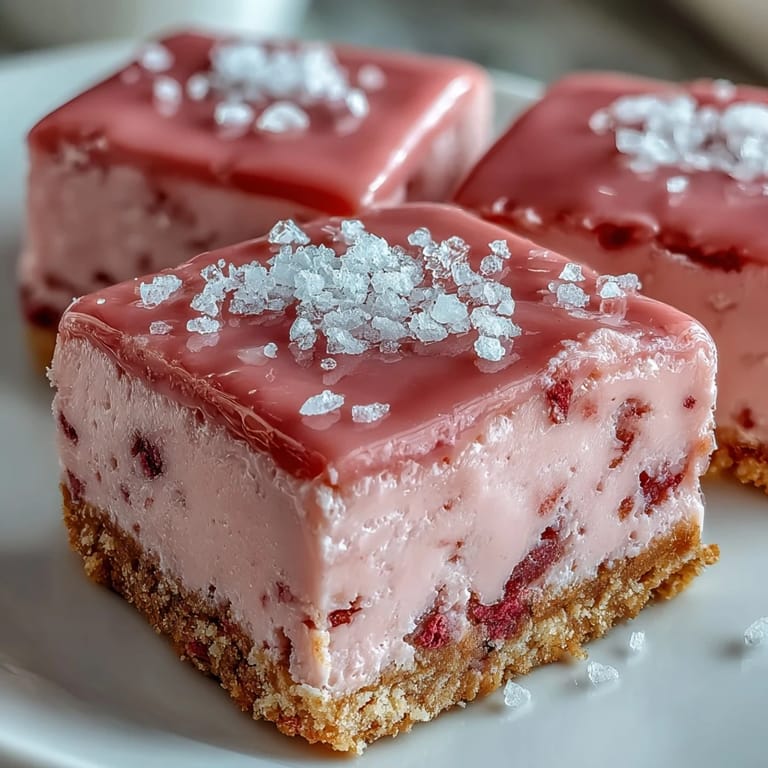 Close-up of No-Bake Strawberry Fudge Squares with a creamy white chocolate texture and sprinkle of freeze-dried strawberries.
