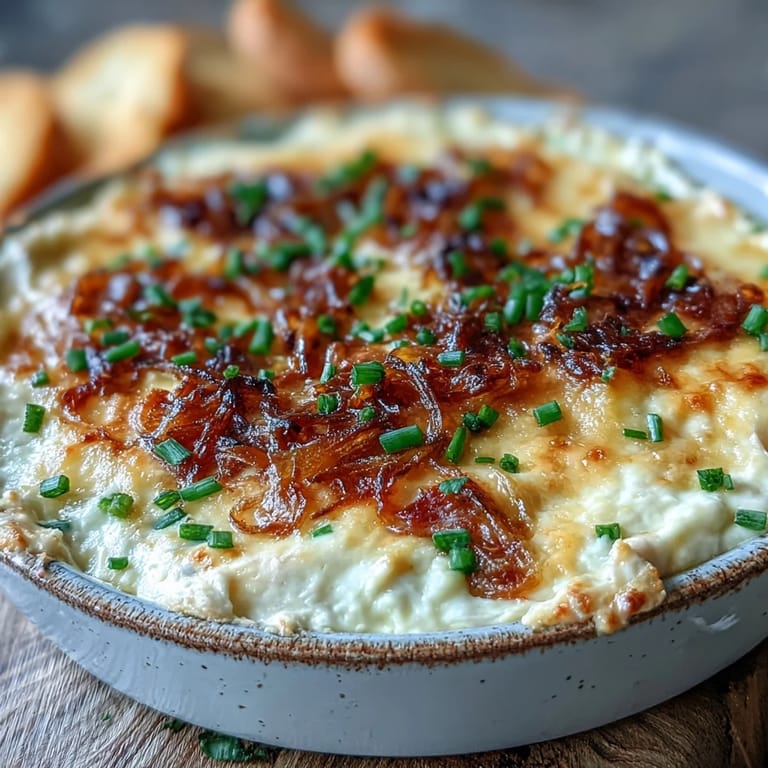 Golden Smoked Gouda & Onion Dip scooped onto a chip, showing melted cheese strands and sweet caramelized onion ribbons.