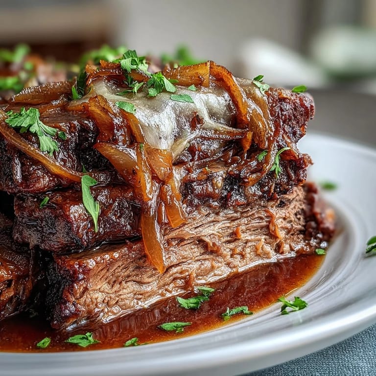 Slow-cooker Savory Crock Pot French Onion Pot Roast served with crusty bread, ready for a comforting family dinner.